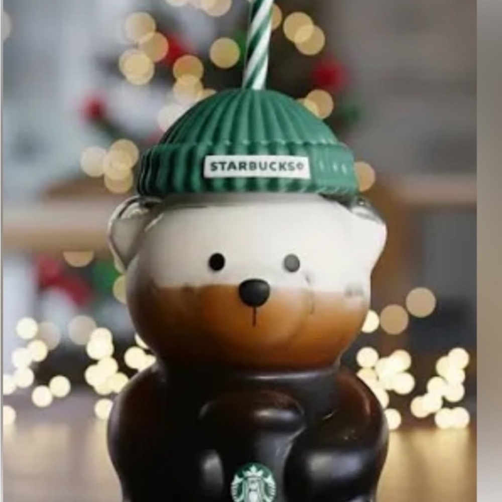 1 Starbucks Bear Tumbler with Green Knit Hat